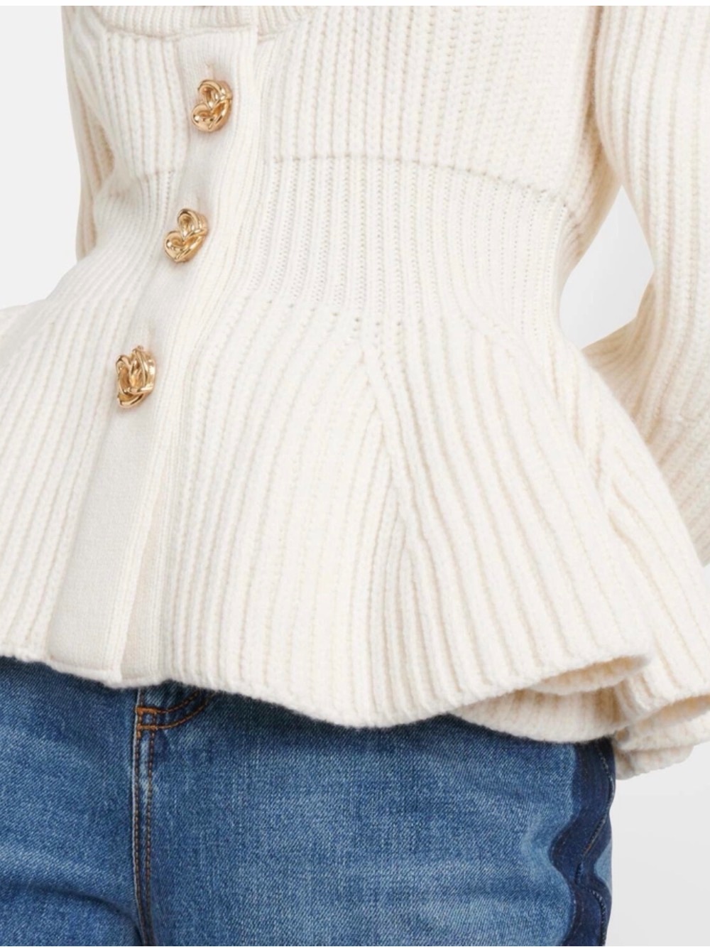 Alexander McQueen Cream Ribbed Peplum Cashmere Cardigan with Gold Buttons - Picture 2 of 7